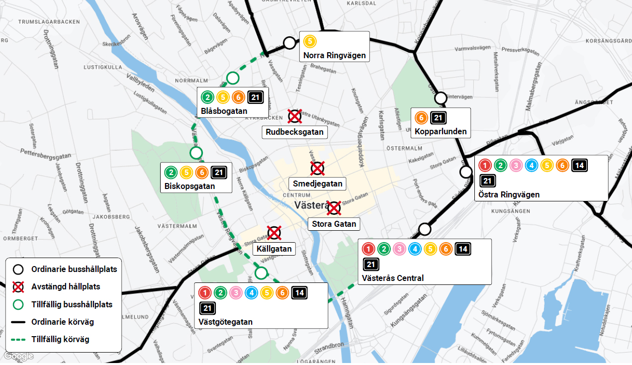 Karta som visar hur linje 1-6, 14 och 21 kör i centrala Västerås i samband med studentkortegen 2023.