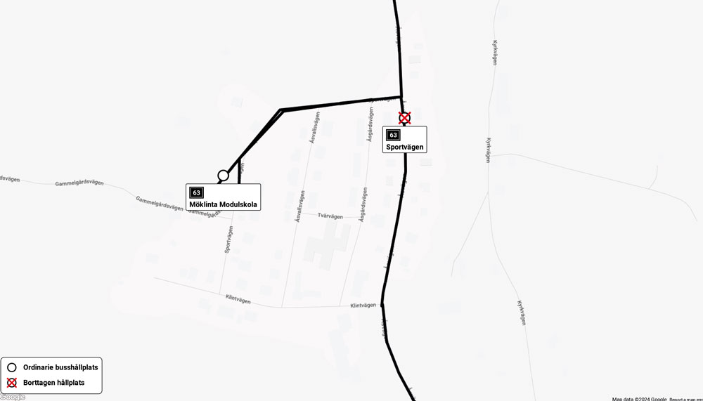 Karta med markering för den borttagna hållplatsen Sportvägen och markering för hållplats Möklinta modulskola