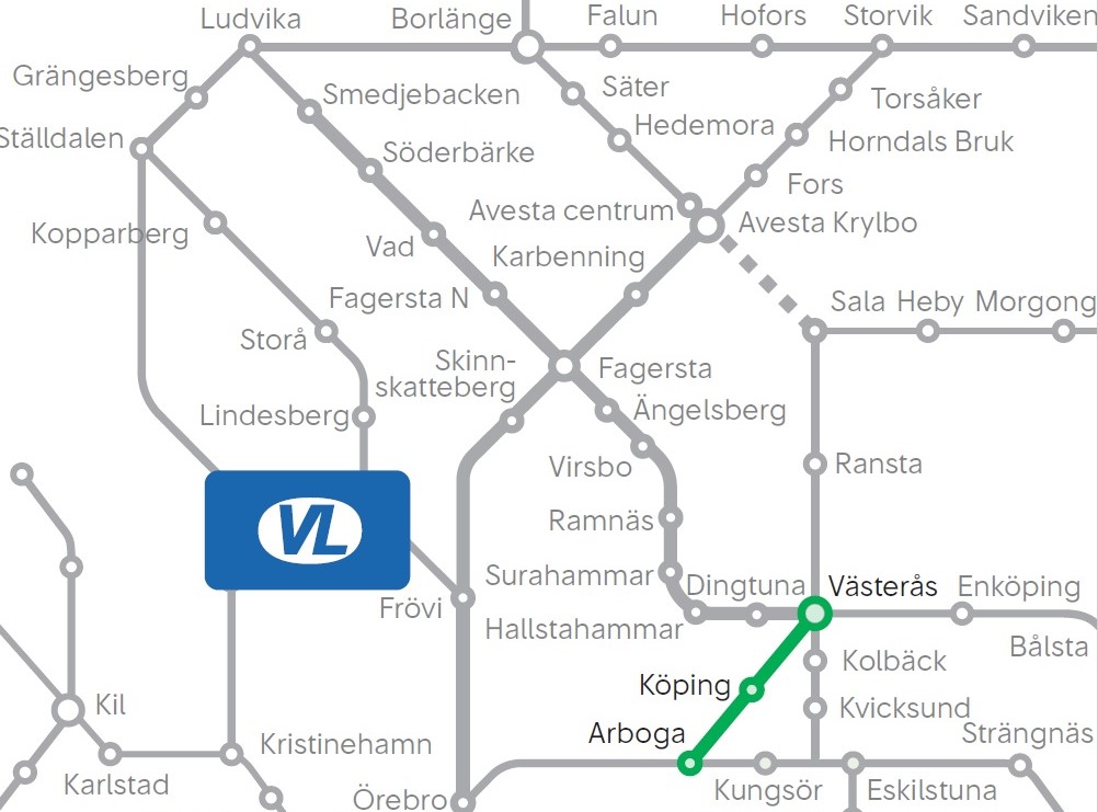 Linjekarta med markerad tågsträck som körs av SJ i Västmanland, och där VL:s 30-dagaras- och 365-dagarsbiljetter gäller.